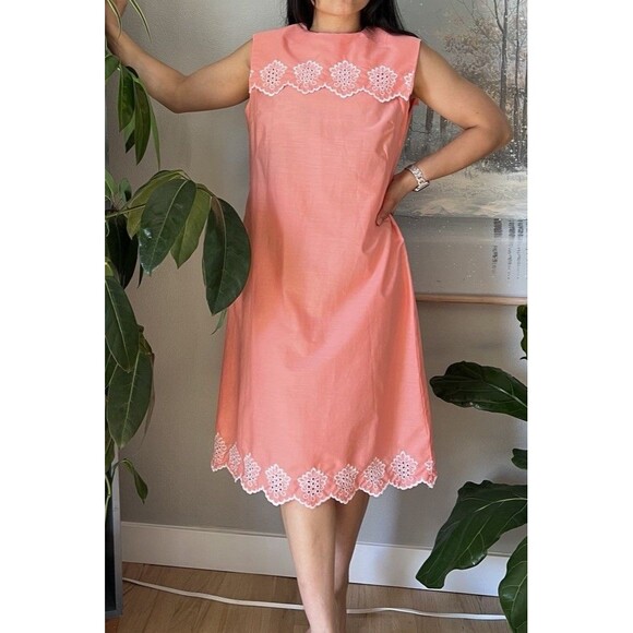 vintage 60s orange white embroidered sailor collar sheer mod midi dress medium - Picture 2 of 8